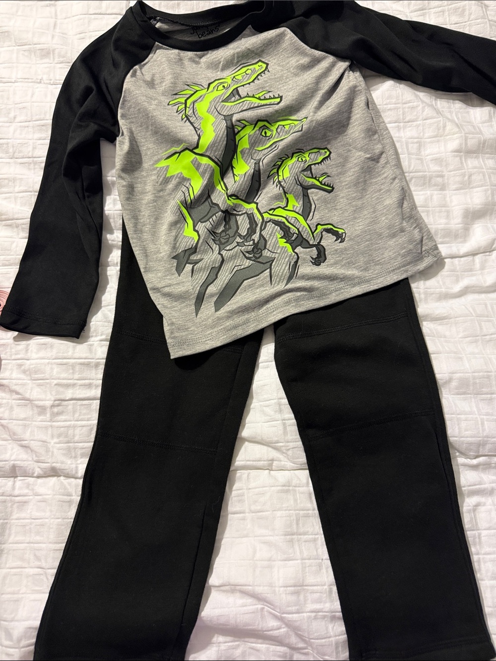 Kids Black Active Pants with Grey & Neon Green Dino Top. Top is 4T. Pants are 5T